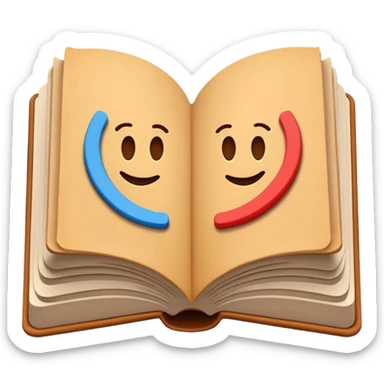 A minimalist emoji-style icon representing wordplay — symbolizing creativity with language. It features an open book or speech bubble merging with playful letters or word fragments, forming a clever visual pun. sticker