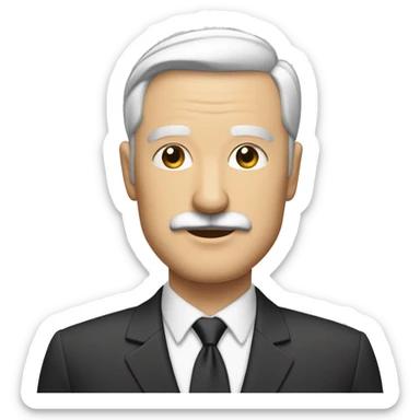 Mature, bald, white man, small beard and mustache, suit, black hair, medium nose sticker