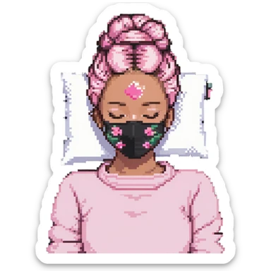 Pixel art girl sleeping with pink beauty face mask, hair in messy bun, self care sticker