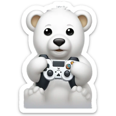 an adorable cute white bear holding a ps5 controller sticker