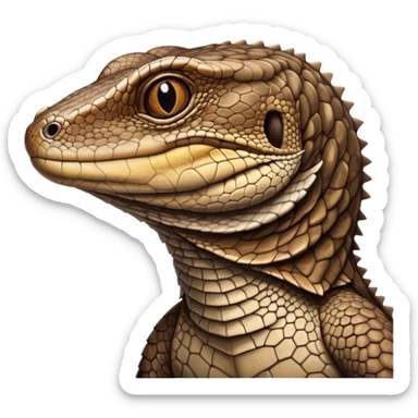 Cinematic Noble brown monitor Lizard Portrait Emoji, Poised and regal, with a robust, scaled body exhibiting striking, mottled patterns and piercing, alert eyes, Simplified yet sharp and sophisticated features, highly detailed, glowing with a soft, earthy glow, high shine, intelligent and formidable, stylized with an air of ancient wilderness, focused and commanding, soft glowing outline, capturing the essence of a watchful and confident reptilian guardian that appears ready to stride out of the screen with effortless authority! sticker