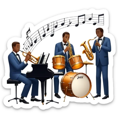 Icon for Jazz Music: The Jazz Messengers, featuring a dynamic composition with Art Blakey on drums and musicians playing saxophone, trumpet, and piano. Musical notes and a warm jazz club atmosphere emphasize the vibrant hard bop style. Transparent background. sticker