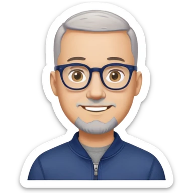 Man with light skin, oval face, buzz cut extremely short on top with faded sides, short peppered gray beard, large black-framed glasses, smiling face, broader body build, navy blue zip-front sweatshirt with long sleeves sticker