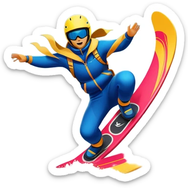 An emblematic symbol featuring a stylized figure in mid-action, representing extreme sports. The design incorporates dynamic lines and bold shapes, with elements like mountains, waves, and flying objects, capturing the thrill and adrenaline of various extreme sports in a single, unified icon. sticker