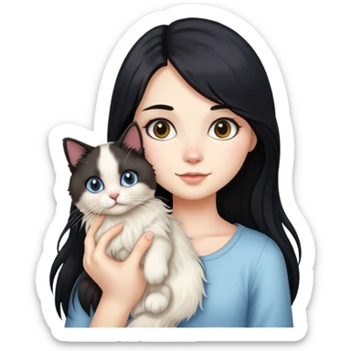 A girl with long black hair holding a cute ragdoll cat sticker