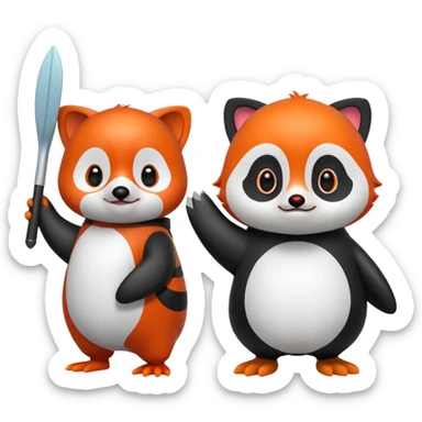 A cartoon  cute cartoon penguin. Next to it is a cartoon red panda holding its flipper  sticker