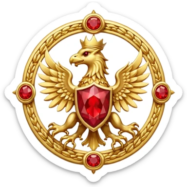 Golden griffin crest / brosch in a circle with red gems and no background sticker