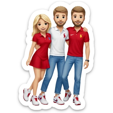 Shakira with blue eyes and her husband  Gerard pique with blue eyes holding her in his armsThey both laugh at each other its romantic&he wears a nice polo from Ralph Laurent in white& a nice baggy jeans with 97 Nike sneaker. She is wearing a romantic feminine short red dress with white open heels  sticker
