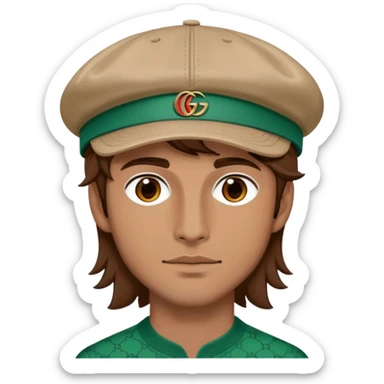 man with medium-length brown hair, wearing a Gucci cap sticker