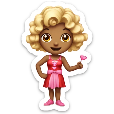 Realistic isolated female cupid character with short curly blonde hair holding up peace fingers with red and pink outfit and red bow in her hair. sticker