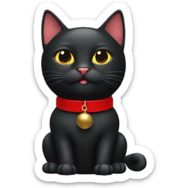 black cat with a red collar with a bell sticker