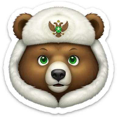 Friendly brown bear face with bright green eyes in a white fur ushanka with centered double-headed eagle emblem, Russian styled sticker