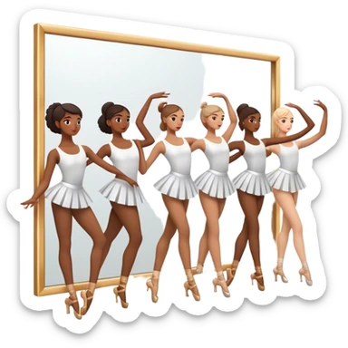 Icon for Choreography: a group of dancers in identical poses, standing by a wall with all wall long mirror, holding a long barre with one hand. The icon should capture the discipline and synchronized movement of dance training. Transparent background. sticker