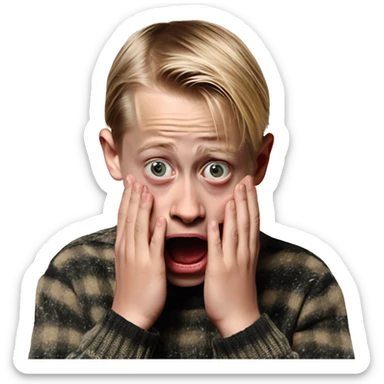 macaulay culkin child from Home Alone, putting both hands on his face and screaming of fear. bring the hands down lik he is putting on his cheeks. sticker