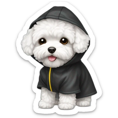 White maltipoo with black raincoat sticker