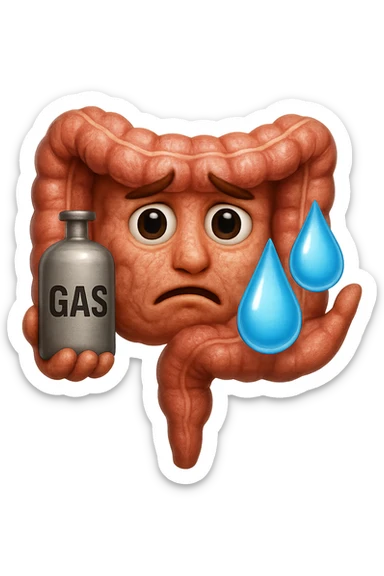 EMOJI STILE IPHONE DI un'intestino preoccupato che ha una bombola di gas con la scritta "GAS" SOPRA in mano e due gocce di acqua in 3d nell'altra mano, IPERREALISTICO 4K sticker