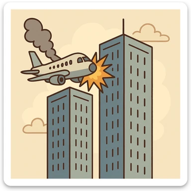 flat design of two buildings with an airplane impacting the left tower sticker