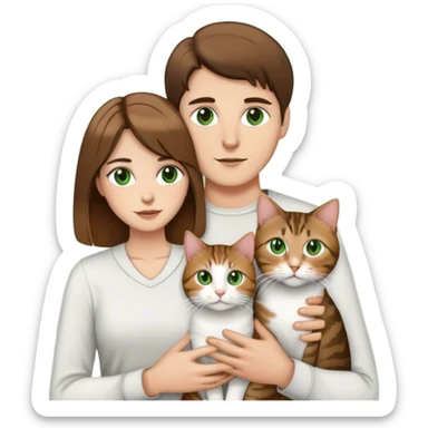 white couple with brown hair, man has short hair and brown eyes. woman has long hair and green eyes .they’re holding a tabby cat  sticker