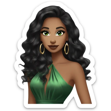 Glamorous, cocktail dress, black balayage hair, long wavy hair, olive skin, green almond eyes, winged eyeliner with big lashes, wearing hooped earrings, rings and bracelets  sticker