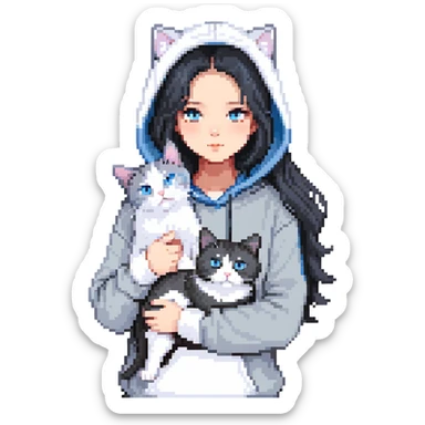 Girl with black hair in gray hoodie with a British shorthair blue and white cat and a long-haired blue and white cat sticker