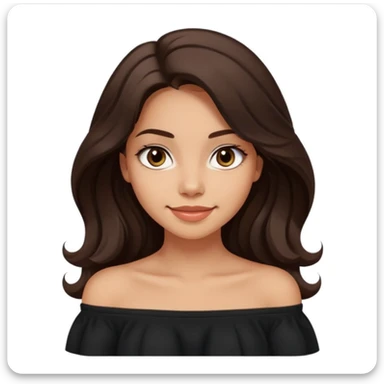 modern clean emoji of a young woman with medium skin tone, long wavy dark brown hair, wearing a black off-shoulder top, soft smile, expressive eyes, sleek warm charming style, relaxed confident personality, subtle light neutral background sticker