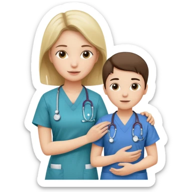 A young medic (woman) attending to a child patient at the local hospital sticker