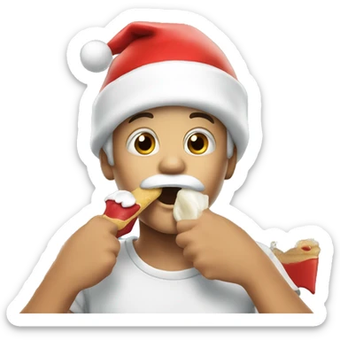 boy in santa hat eating and having a wiped cream beard sticker