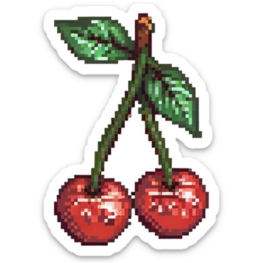 Pixel art of two red cherries with green stem sticker