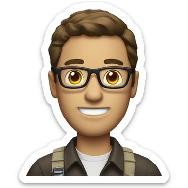 A man with brown  hair and glasses holding a walkie talkie sticker