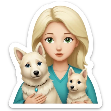 A white blonde Hair Woman with blue Green eyes with a White Shepard with a little bit beige in the fur in a lovely pose  sticker