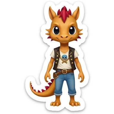 friendly anthropomorphised dragon in a band t-shirt and jeans wearing a pirate eye-patch walking upright sticker