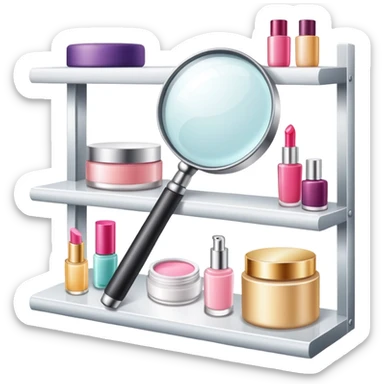 magnifying glass over beauty product shelf, searching for last item sticker