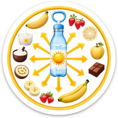 Magical daily routine wheel: water bottle, sun, chicken and rice, banana and shake, dumbbell, yogurt, chocolate and fruits, and moon symbol arranged in a wheel pattern with glowing connections between each element sticker