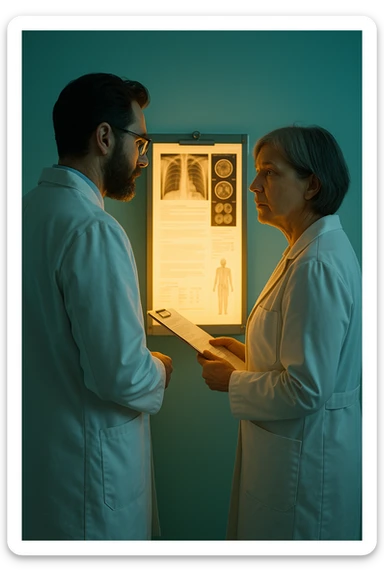 Realistic, detailed photo taken from behind of two doctors—a bearded man and a middle-aged woman—standing and facing each other as they discuss a diagnosis in front of a medical chart. The scene is illuminated by a yellowish, orange, warm light that softly envelops the doctors. The entire room is bathed in a single green-blue color, creating a cohesive and modern atmosphere. Both doctors wear white coats, and their body language suggests a serious, professional conversation. Shot with a Canon EOS R5, with high detail and natural depth of field. sticker