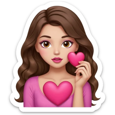 girl with long wavy brown hair, brown eyes, long lashes makeup, sexy pink lips, light to medium complexion, wearing a pink sexy top, sexy , puckering, blushing, kissing a heart sexy sticker