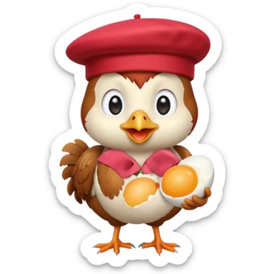 chicken with a French beret and an egg, simple emoji style sticker