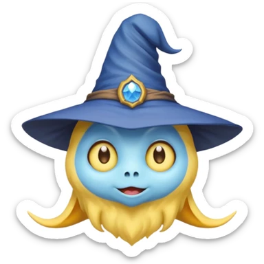 cute monster with white body, yellow tail, wearing blue sky witch hat. the face facing the front towards the 4th wall sticker
