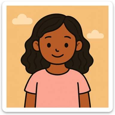 Make the black wavy hair arm length, keep the brown girl and cute light pink shirt, modern friendly illustration style sticker