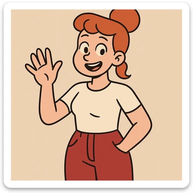 Girl dark orange hair bond hairstyle women's white t shirts pockets red trousers a hand hello  sticker