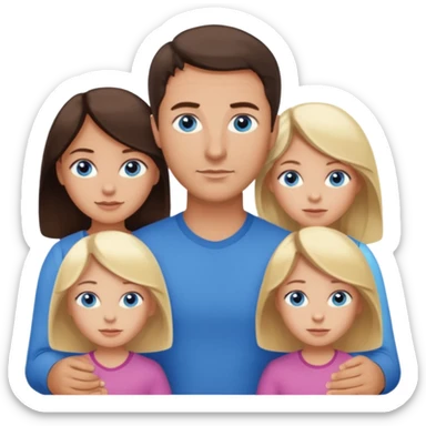 Family portrait with father with dark brown hair and blue eyes, mother with light brown hair and blue eyes, three blonde little girls with blue eyes sticker