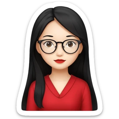 Beautiful Asian girl with long black hair and glasses wearing red dress sticker