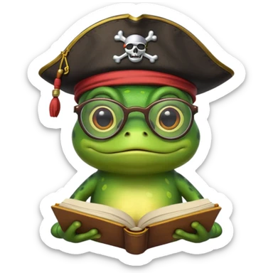 frog wearing pirate hat with glasses and yellow book sticker