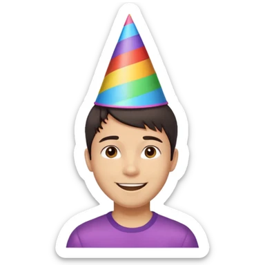Young man, short hair, rainbow birthday party hat, cheerful expression sticker