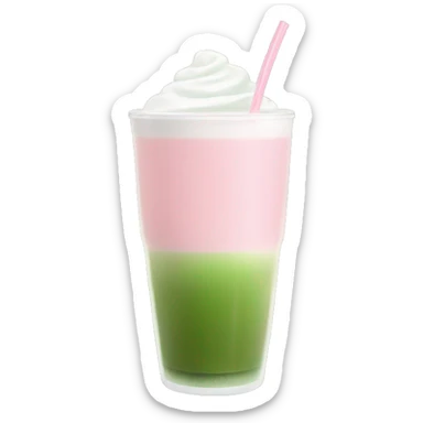 Clear long cup, no handle, with light pink drink, matcha foam sticker