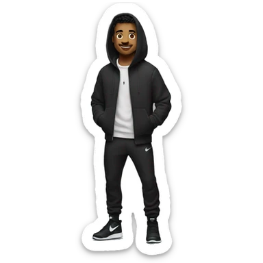 man fullbody, black nike tech fleece, front view sticker