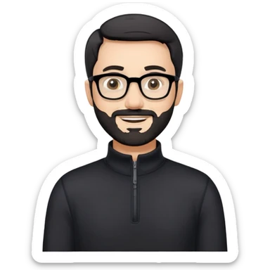 Caucasian man with very short black hair, short graying beard, large black eyeglasses, cheerful expression, black long sleeve shirt with quarter zip at collar sticker
