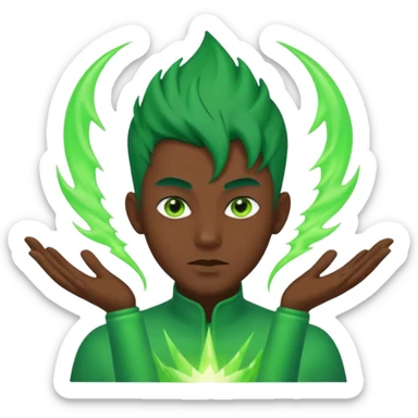 Make an emoji of a 🙎🏽‍♂️with green hair spiking up with a green aura around him sticker