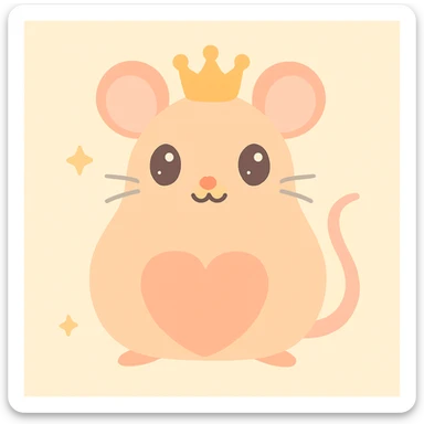 a rat queen with a peach-shaped body, wearing a tiny crown, soft pastel colors, whimsical and cute sticker