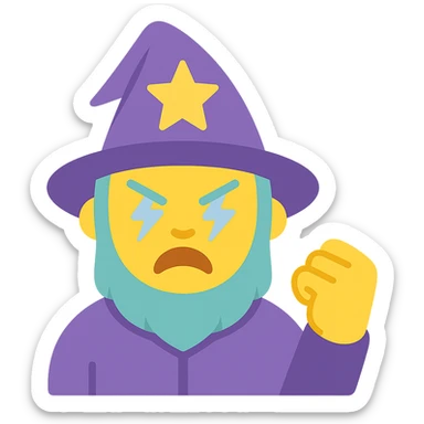 angry wizard with lightning eyes and a balled up fist sticker