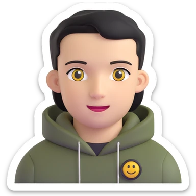 man with black military haircut, brown eyes, wearing 2 circle earrings and a black hoodie with a smiley face sticker